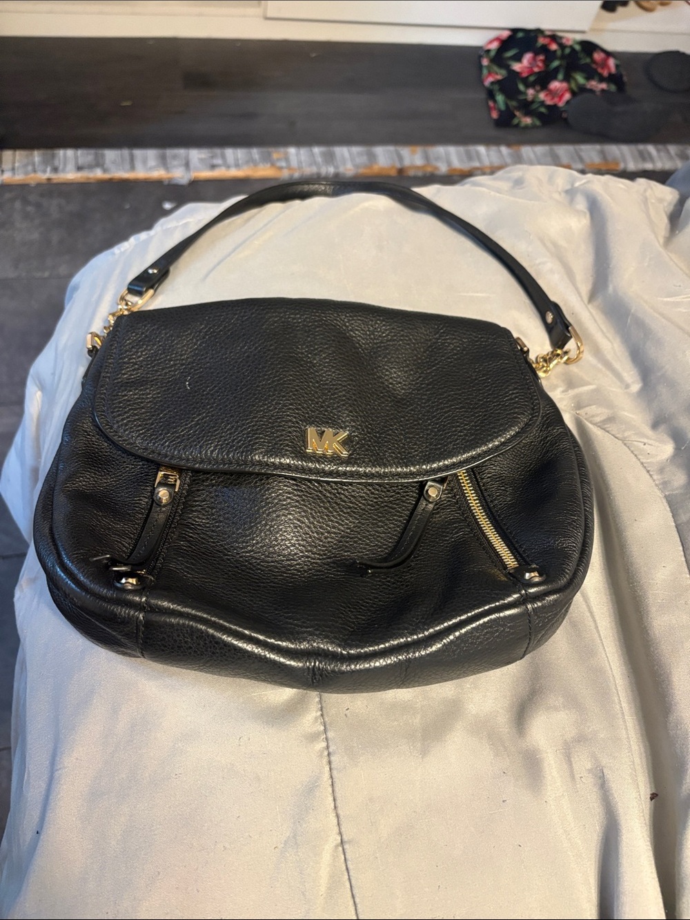 Michael Kors Black Leather Hobo Shoulder Bag with Gold Accents